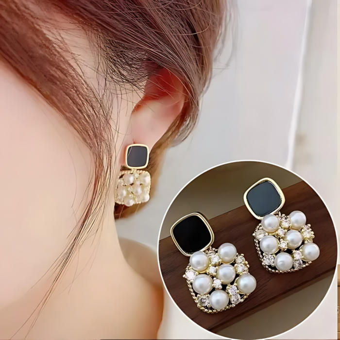 Shining Stone Pearl Black Stud Earrings Girl